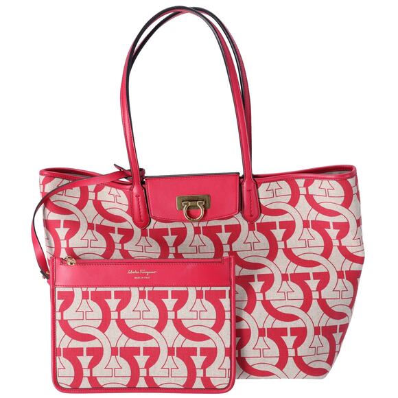 Salvatore Ferragamo Gancini Tote Bag Beige Red Canvas Leather - Picture 1 of 8